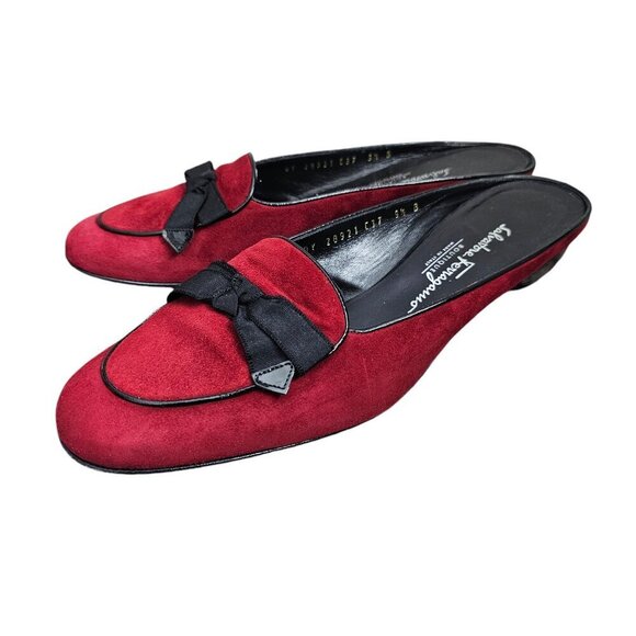 Salvatore Ferragamo Made in Italy Red Suede Bow Slip On Mules - Picture 3 of 14